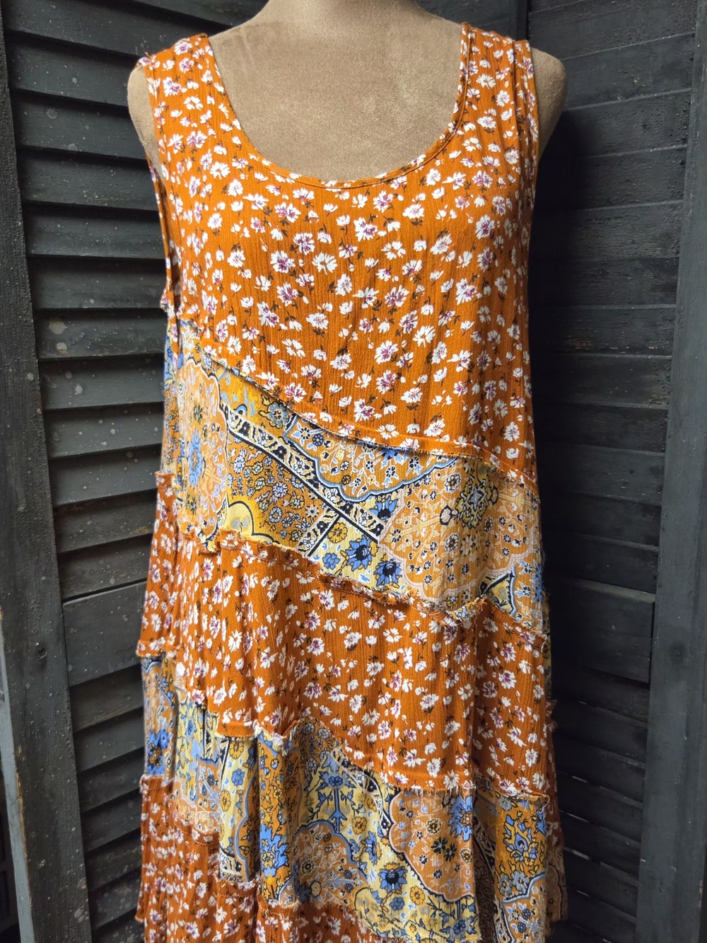 easel Orange Floral Patchwork Midi Dress